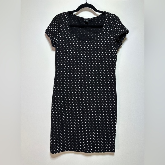 H&M | Black Polka Dot Fitted Midi Dress | Cotton Stretch Bodycon Dress - Picture 1 of 4